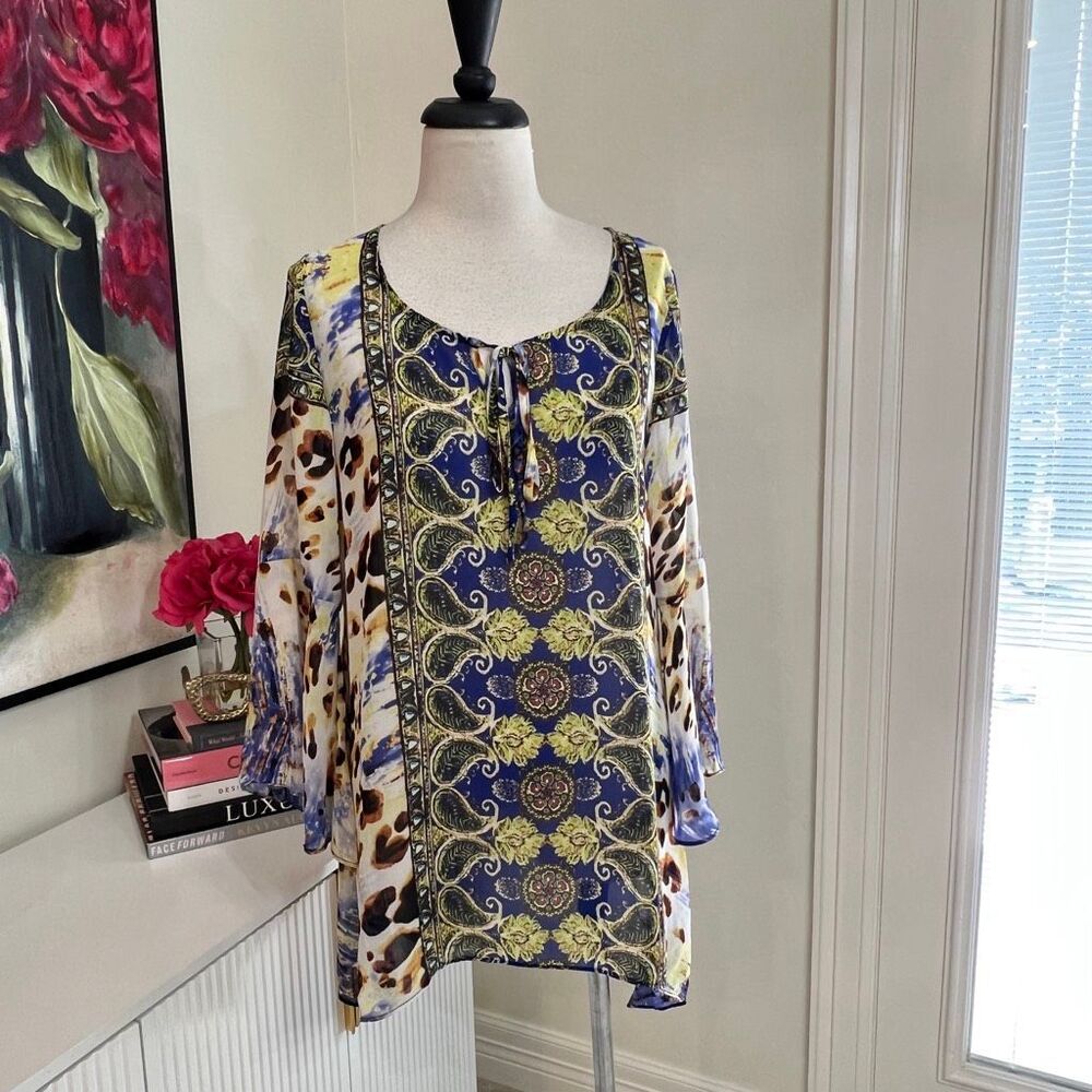 Mushka by Sienna Rose Women's Ava Medallion Tunic Blouse Blue Yellow Size Medium
